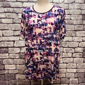 LOGO White, Purple & Pink Short Sleeve Blouse Size 1X